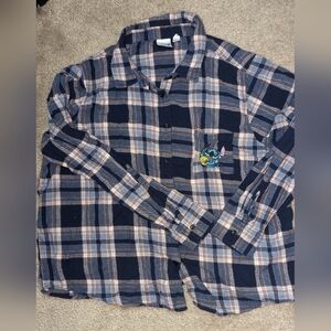 Disney,Lilo&stitch, long sleeve, blue plaid, stitch embroidered pocket shirt-S/M